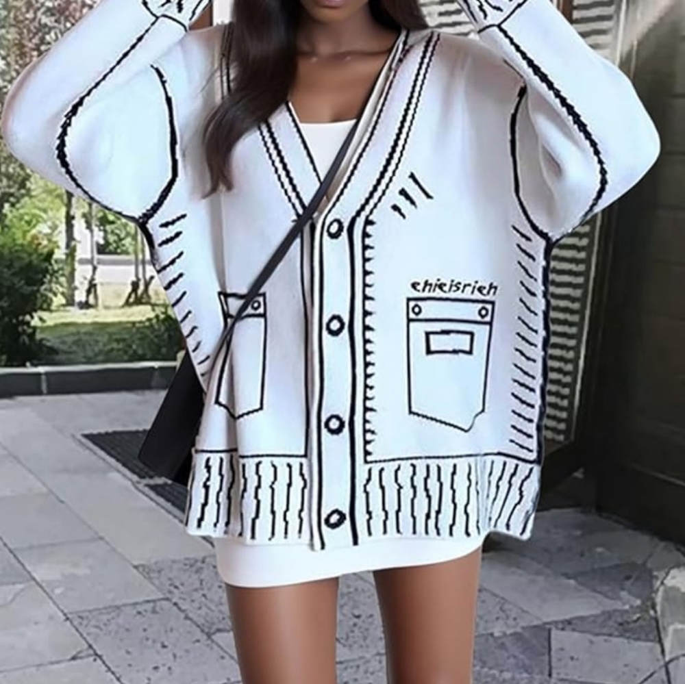White Graphic Knit V-Neck Cardigan Sweater